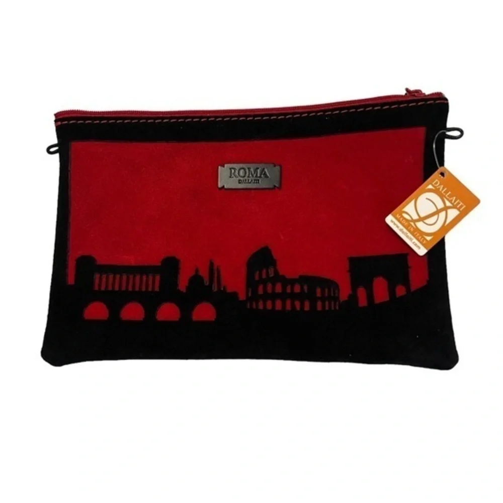 🎁NWT ROMA DALLAITI red & black laser cut suede zipper pouch bag w/ Rome skyline